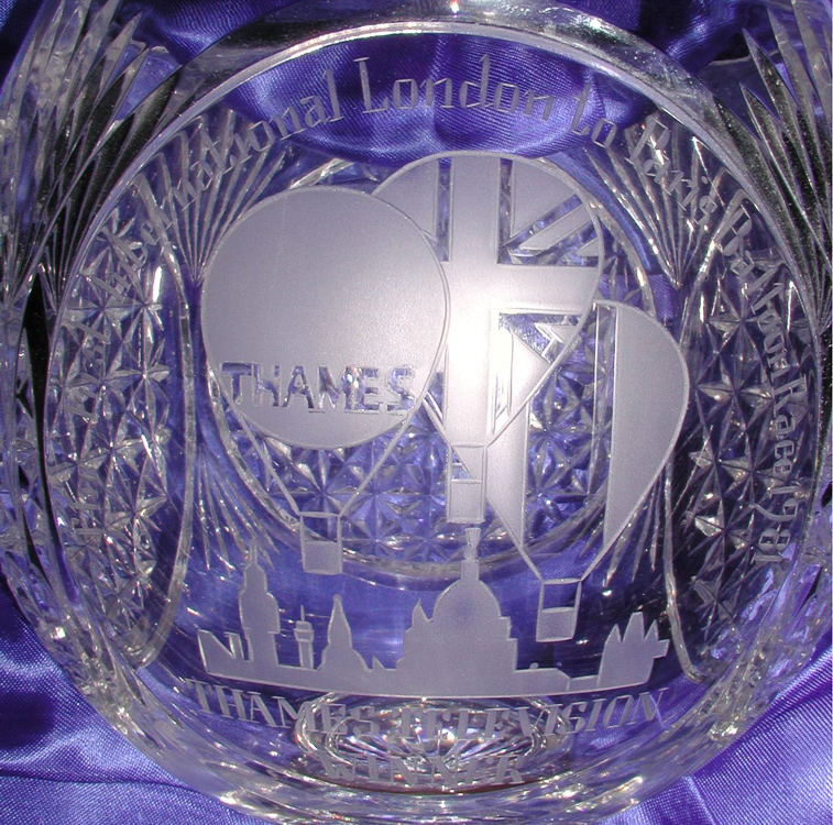 Ray Gearing acquired this trophy, it is about 18" high is Stuart crystal and was awarded for 'The First International London to Paris Balloon Race 1981 Winner'.