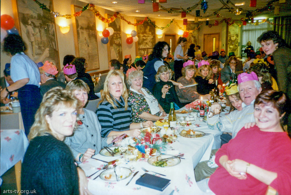 PAs Christmas lunch – L-R: ?, Cass Brown, Ann ?, Pat Leslie, Cherry Crompton, Isobel Davie, Janice Brackenridge, ? , Sandra Brett, Maria? (standing), Sue Mahoney, Peter Frazer-Jones, Angie Morgan
